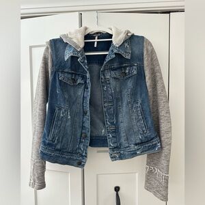 Free People Denim Jacket with Gray Knit Hoodie Sleeves